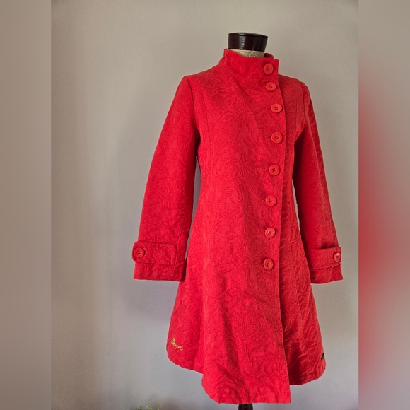 Desigual Peachy Red A Line  Floral Cotton Coat. Size 40 / Medium/ 8 - Picture 2 of 16